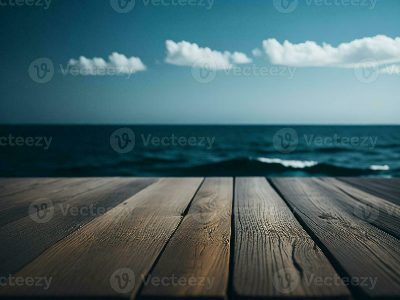 Wooden table and blur tropical beach background, product display montage. High quality photo 8k FHD AI generated