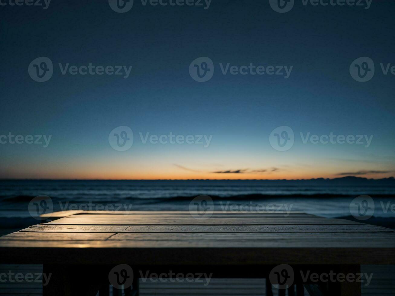 Wooden table and blur tropical beach background, product display montage. High quality photo 8k FHD AI generated