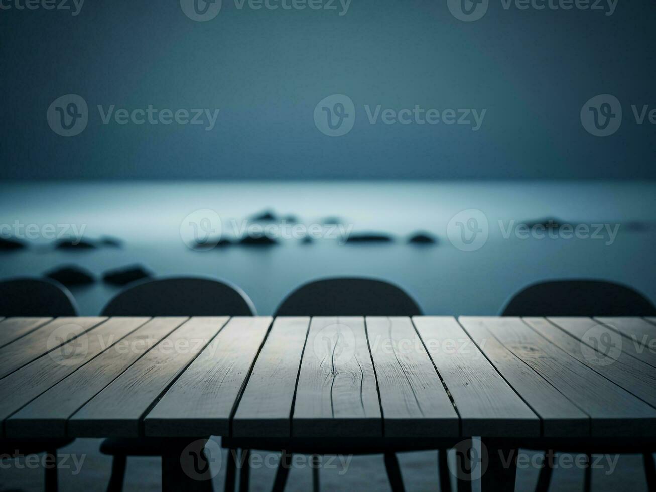 Wooden table and blur tropical beach background, product display montage. High quality photo 8k FHD AI generated