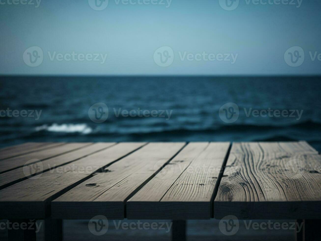 Wooden table and blur tropical beach background, product display montage. High quality photo 8k FHD AI generated