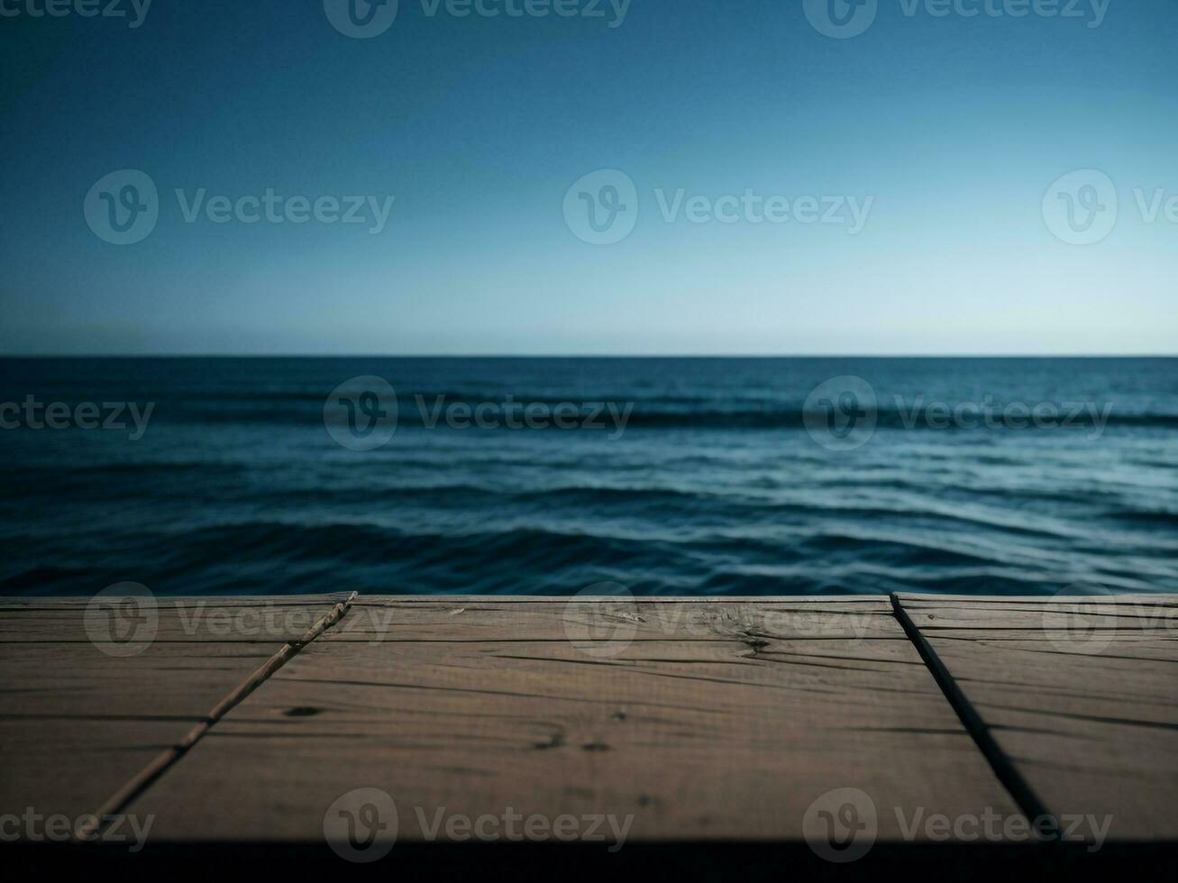 Wooden table and blur tropical beach background, product display montage. High quality photo 8k FHD AI generated