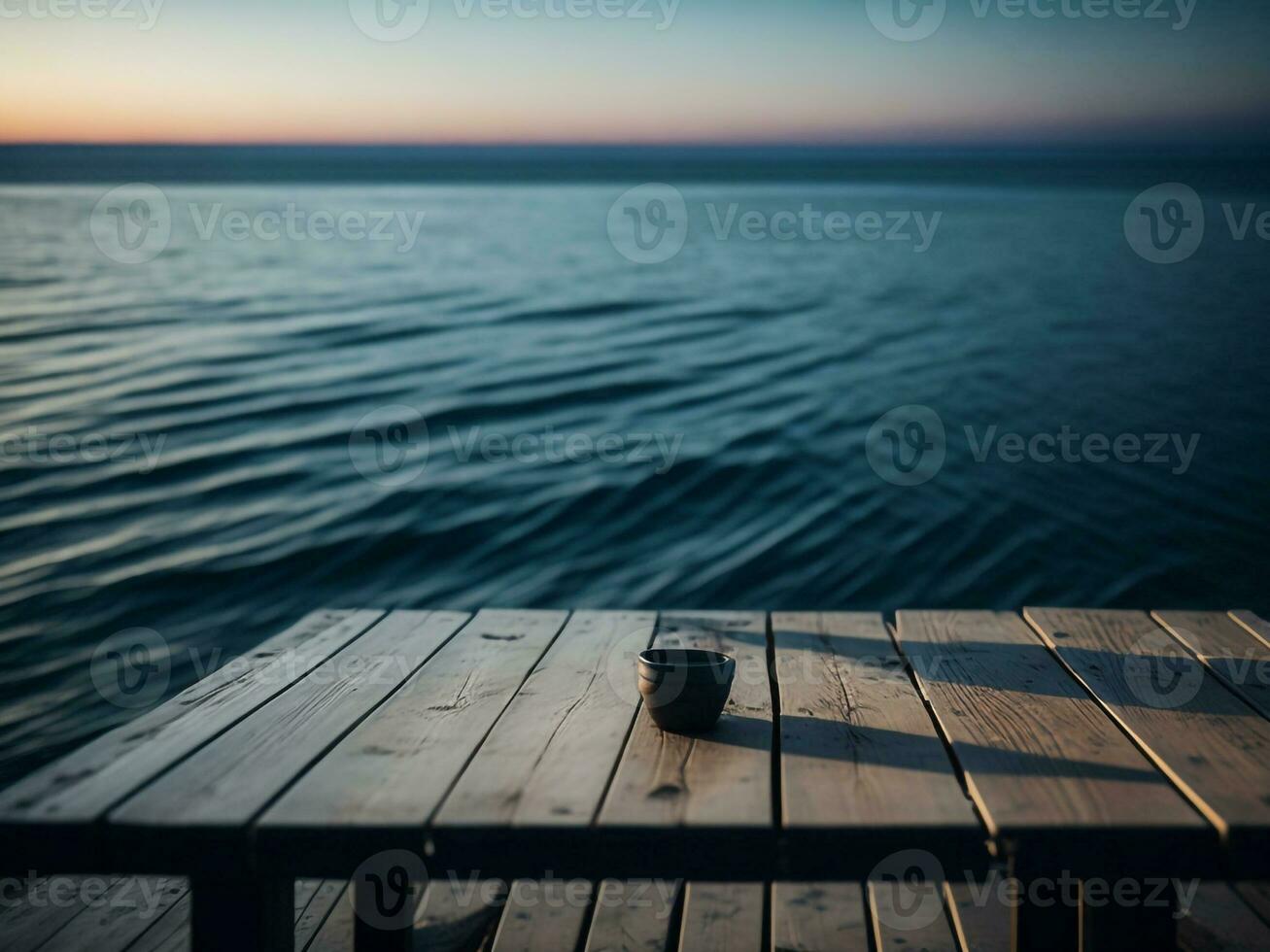 Wooden table and blur tropical beach background, product display montage. High quality photo 8k FHD AI generated