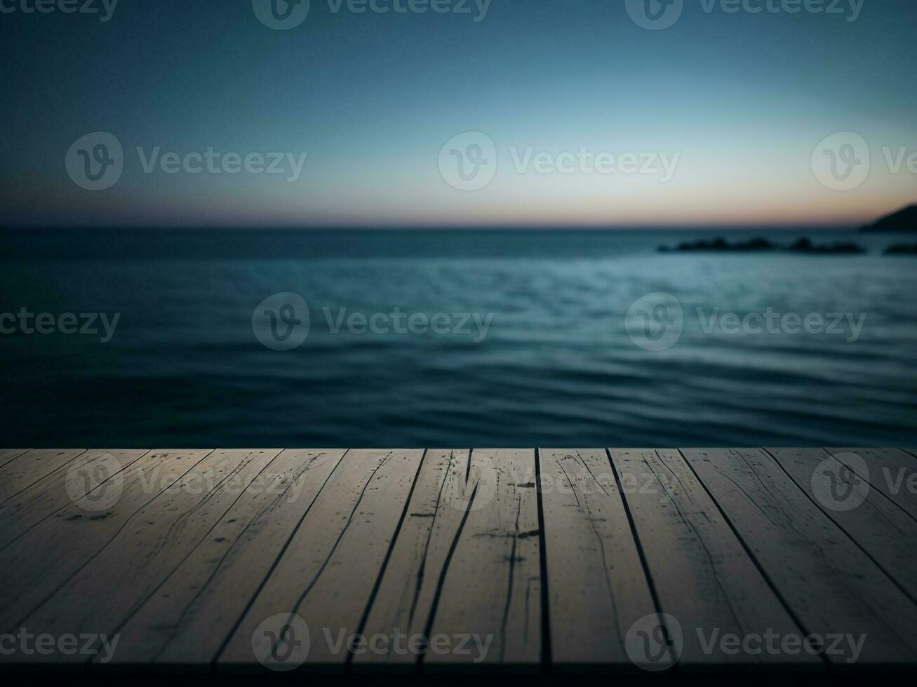 Wooden table and blur tropical beach background, product display montage. High quality photo 8k FHD AI generated