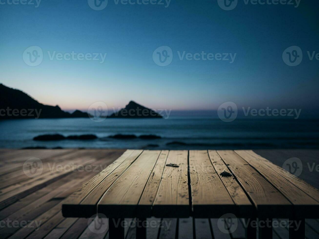 de madera mesa y difuminar tropical playa fondo, producto monitor montaje. alto calidad foto 8k fhd ai generado