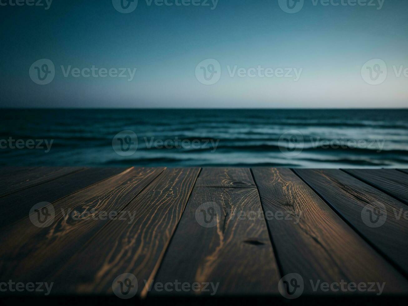 Wooden table and blur tropical beach background, product display montage. High quality photo 8k FHD AI generated