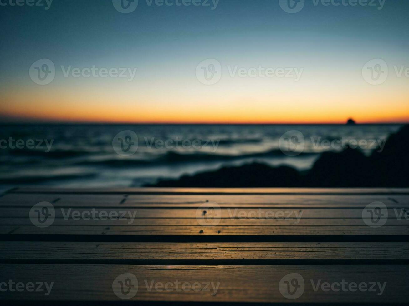 Wooden table and blur tropical beach background, product display montage. High quality photo 8k FHD AI generated