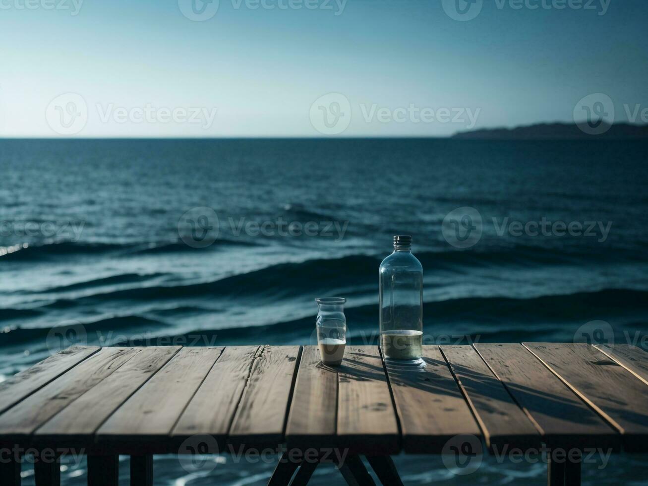 Wooden table and blur tropical beach background, product display montage. High quality photo 8k FHD AI generated
