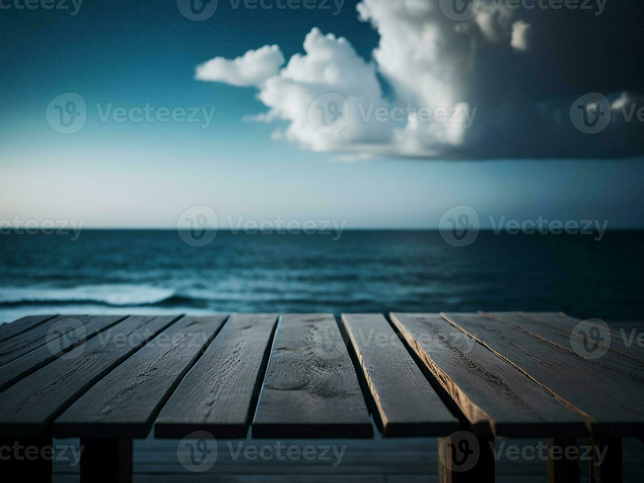 Wooden table and blur tropical beach background, product display montage. High quality photo 8k FHD AI generated
