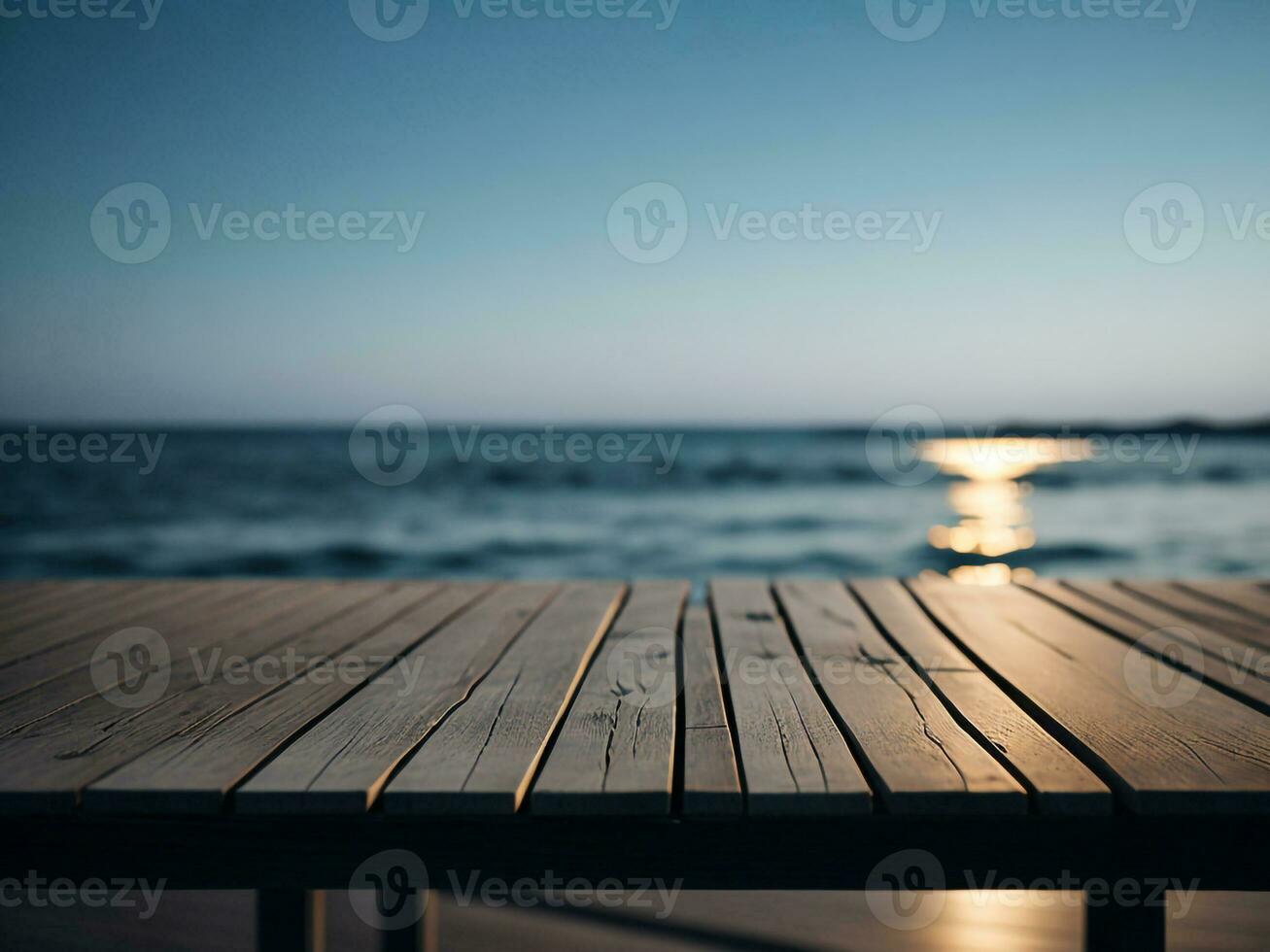 Wooden table and blur tropical beach background, product display montage. High quality photo 8k FHD AI generated