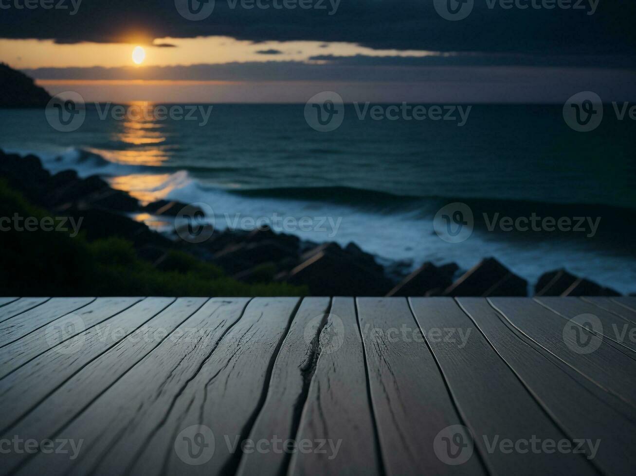 Wooden table and blur tropical beach background, product display montage. High quality photo 8k FHD AI generated