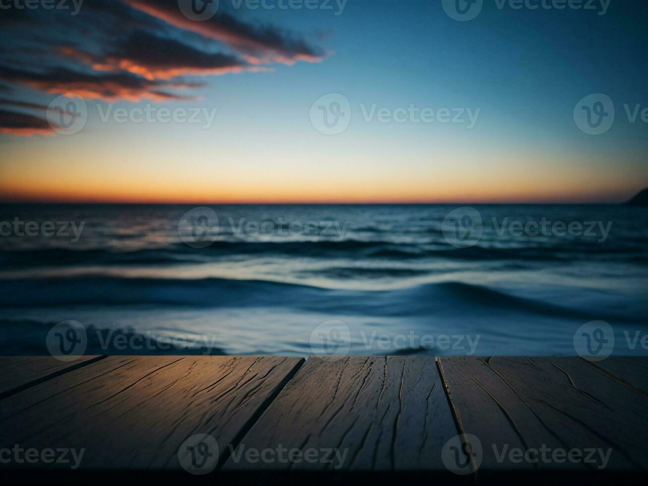 Wooden table and blur tropical beach background, product display montage. High quality photo 8k FHD AI generated