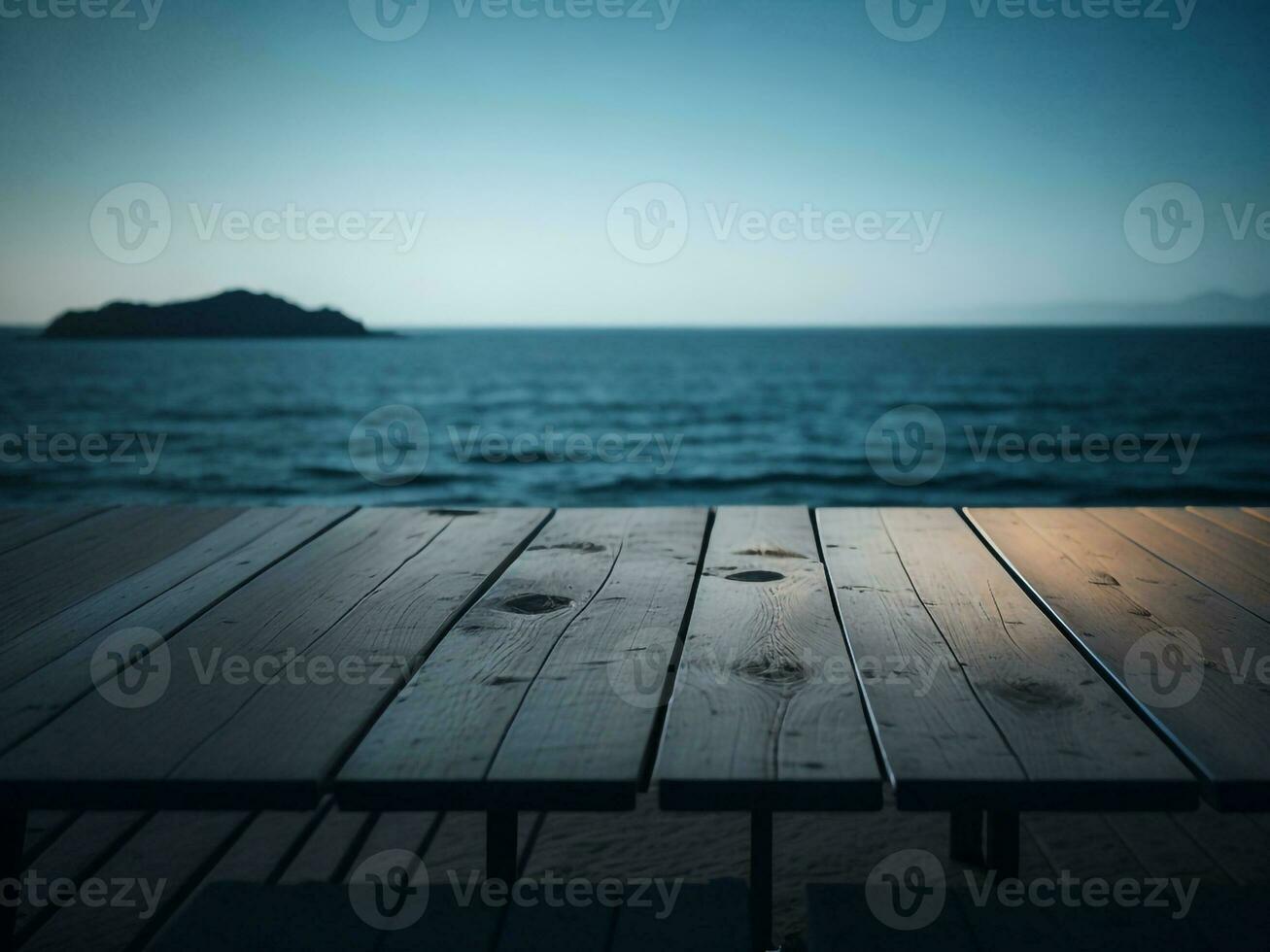 de madera mesa y difuminar tropical playa fondo, producto monitor montaje. alto calidad foto 8k fhd ai generado