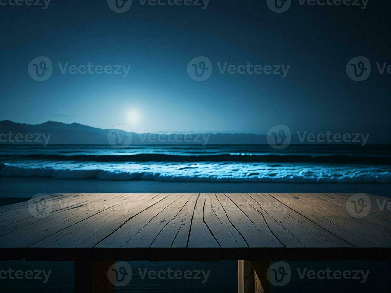 de madera mesa y difuminar tropical playa fondo, producto monitor montaje. alto calidad foto 8k fhd ai generado