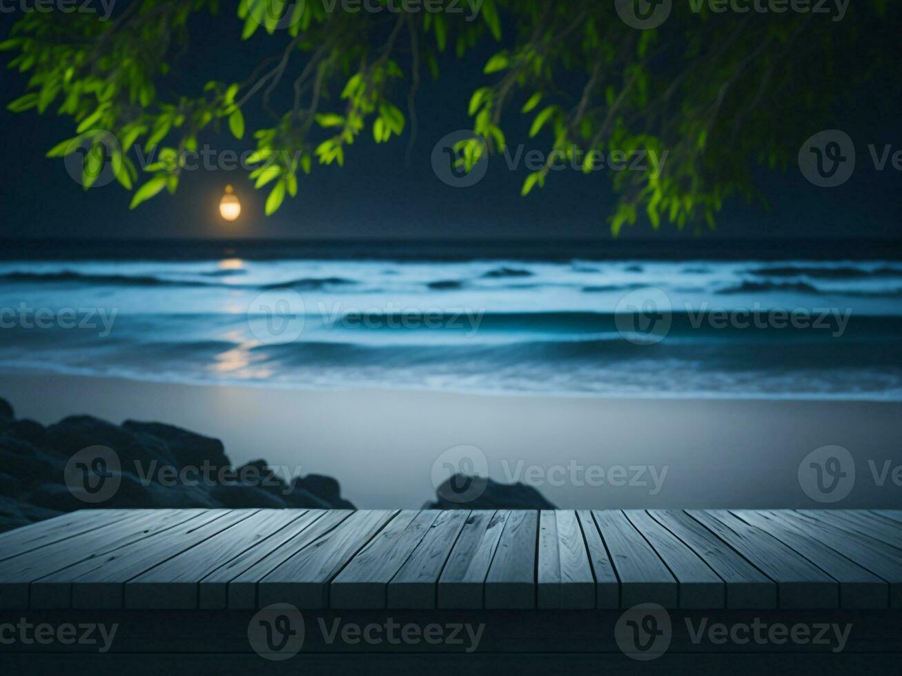 Wooden table and blur tropical beach background, product display montage. High quality photo 8k FHD AI generated