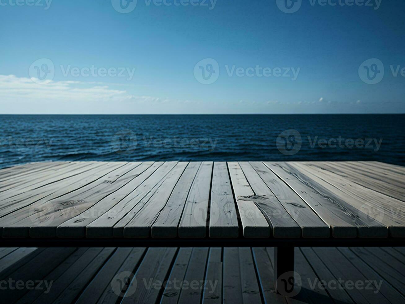 Wooden table and blur tropical beach background, product display montage. High quality photo 8k FHD AI generated