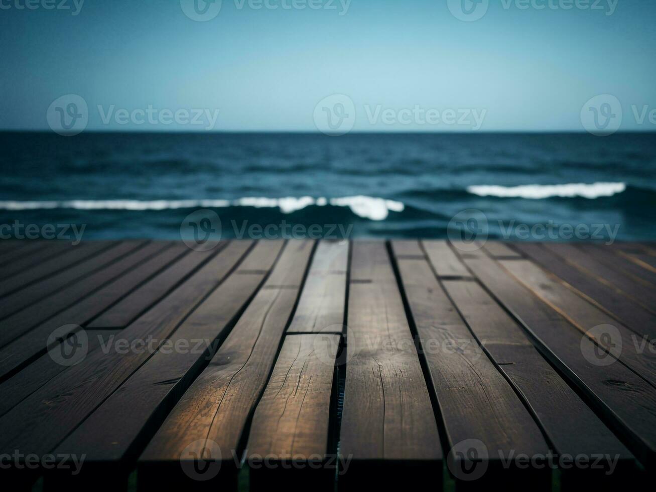 Wooden table and blur tropical beach background, product display montage. High quality photo 8k FHD AI generated