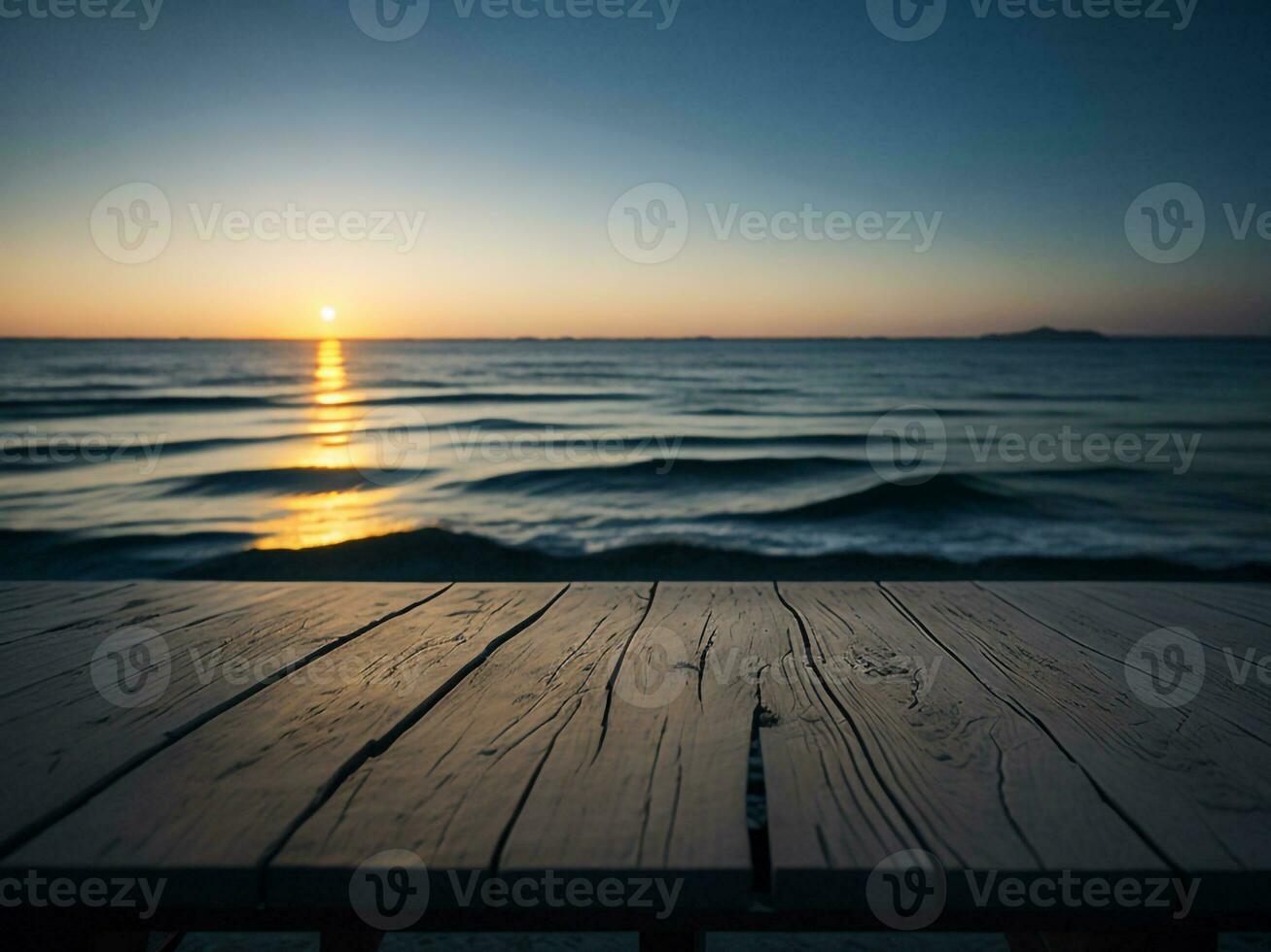 Wooden table and blur tropical beach background, product display montage. High quality photo 8k FHD AI generated