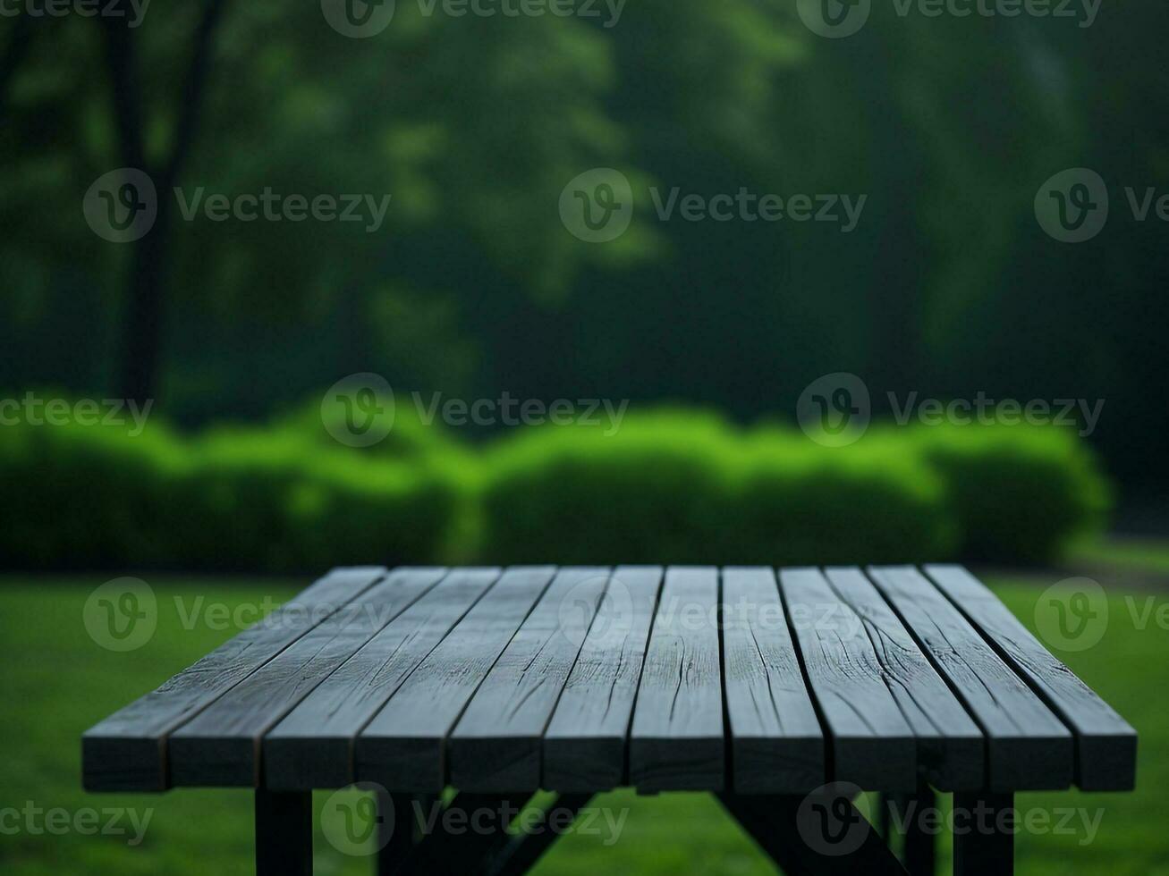 Wooden table and blur tropical green grass background, product display montage. High quality photo 8k FHD AI generated