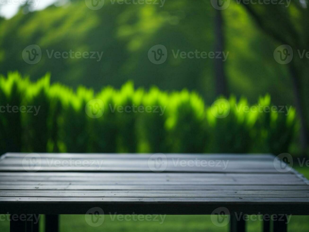 Wooden table and blur tropical green grass background, product display montage. High quality photo 8k FHD AI generated