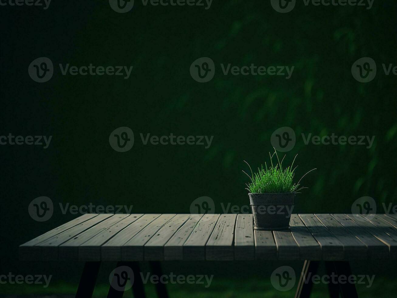 Wooden table and blur tropical green grass background, product display montage. High quality photo 8k FHD AI generated