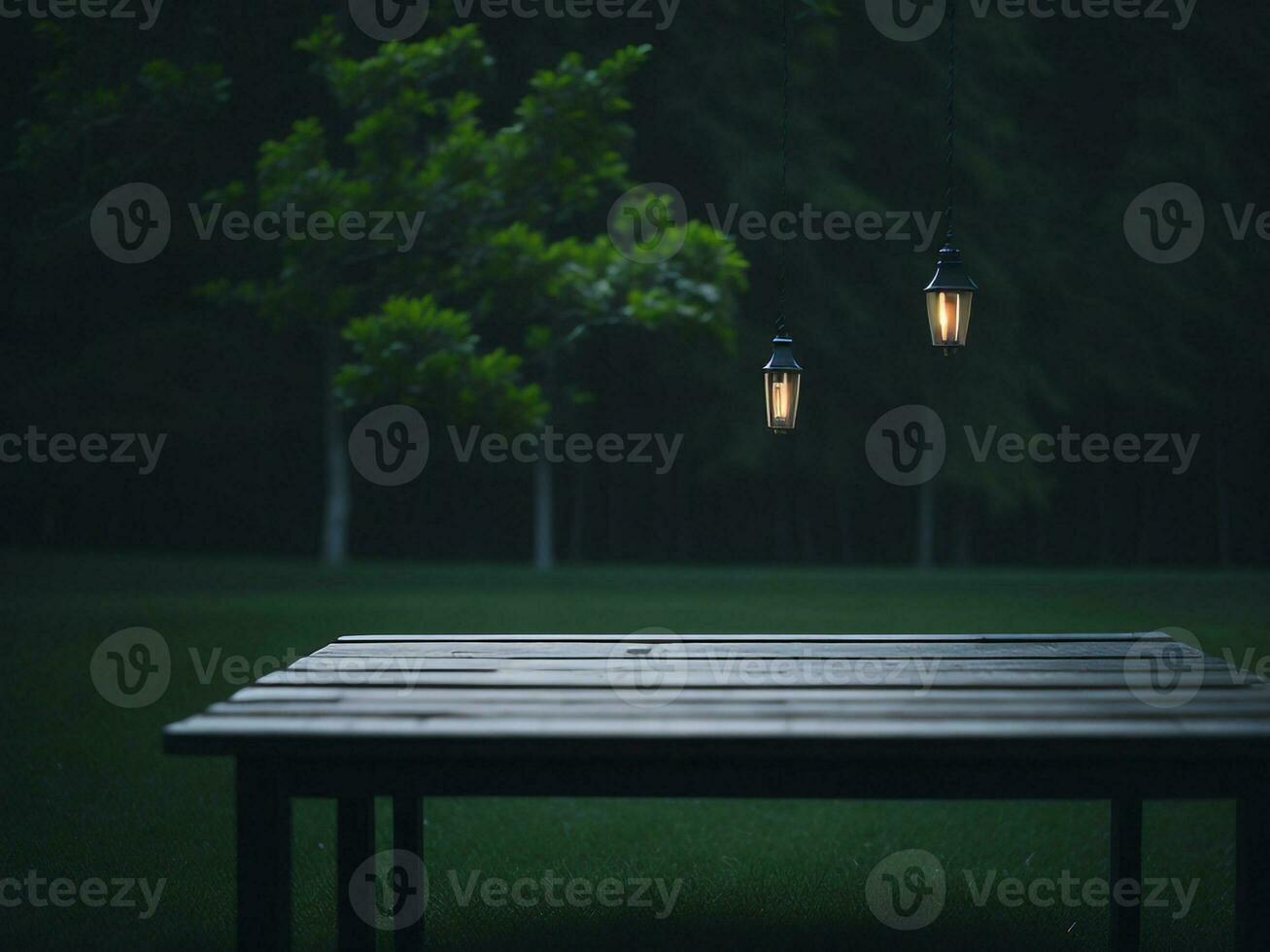Wooden table and blur tropical green grass background, product display montage. High quality photo 8k FHD AI generated