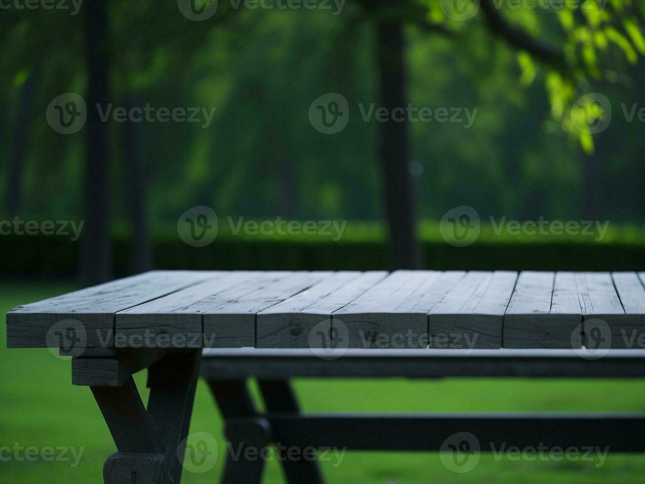 Wooden table and blur tropical green grass background, product display montage. High quality photo 8k FHD AI generated