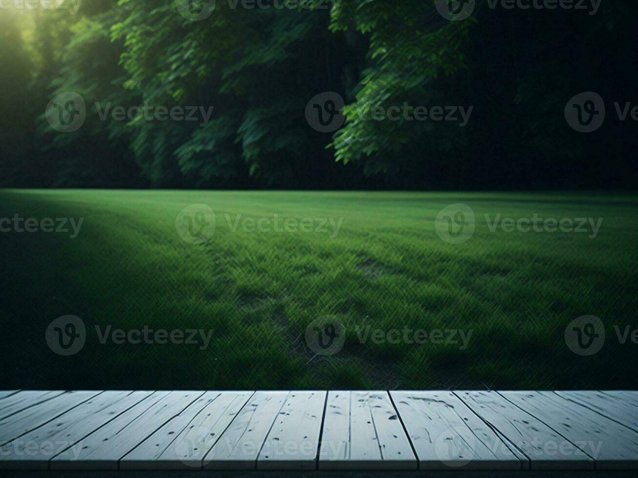 Wooden table and blur tropical green grass background, product display montage. High quality photo 8k FHD AI generated