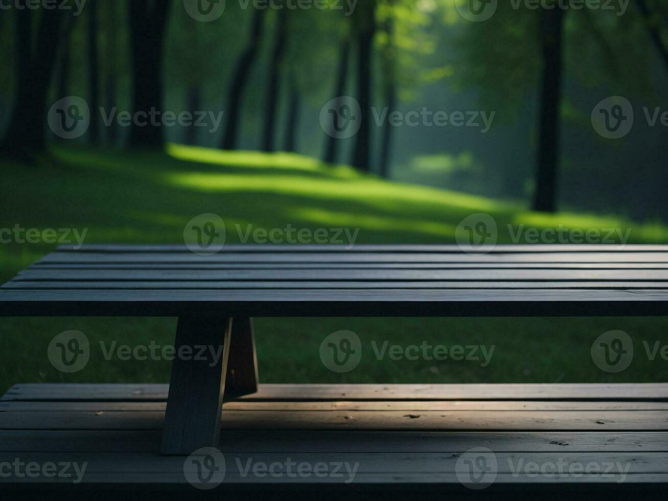 Wooden table and blur tropical green grass background, product display montage. High quality photo 8k FHD AI generated