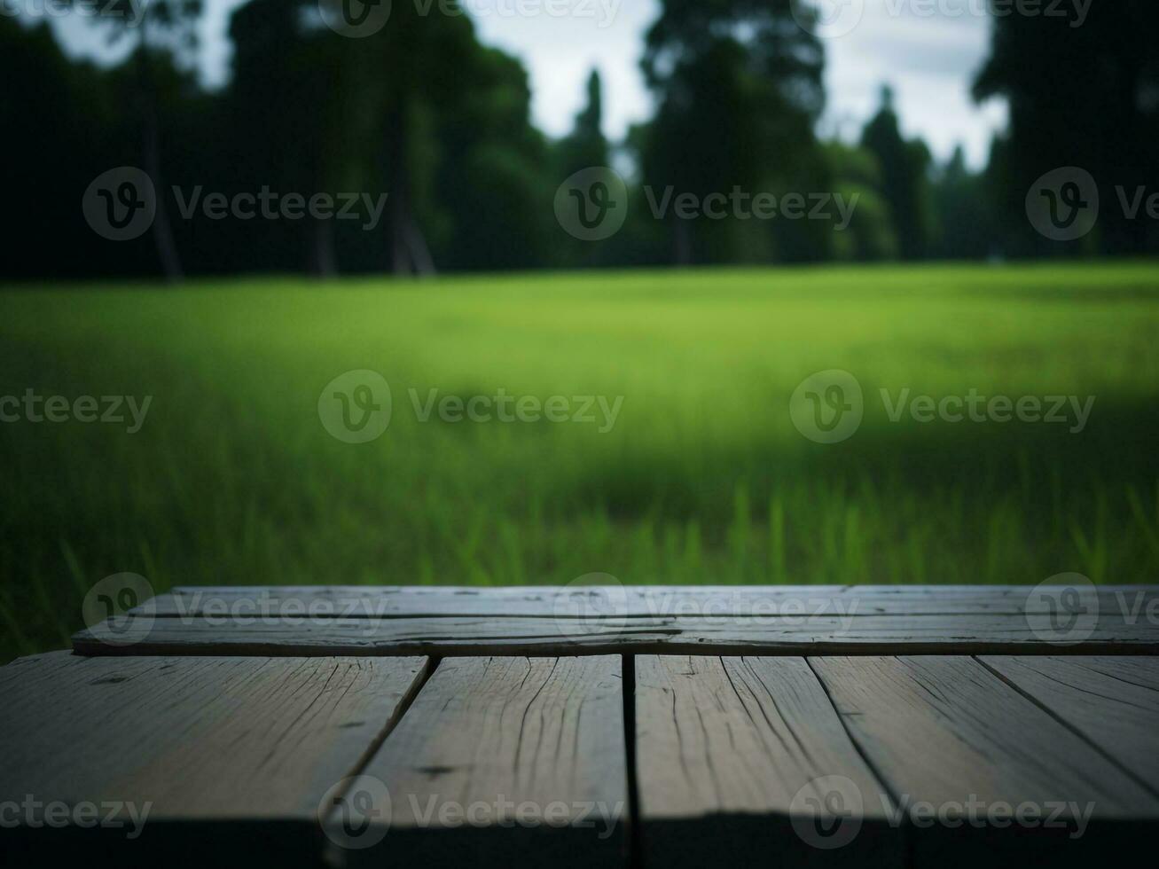 Wooden table and blur tropical green grass background, product display montage. High quality photo 8k FHD AI generated