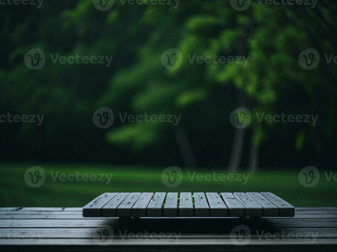 Wooden table and blur tropical green grass background, product display montage. High quality photo 8k FHD AI generated