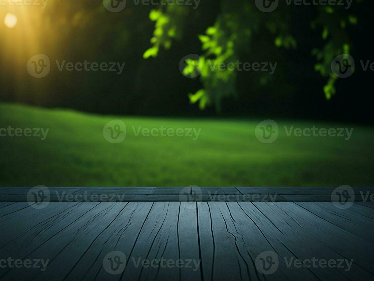 Wooden table and blur tropical green grass background, product display montage. High quality photo 8k FHD AI generated