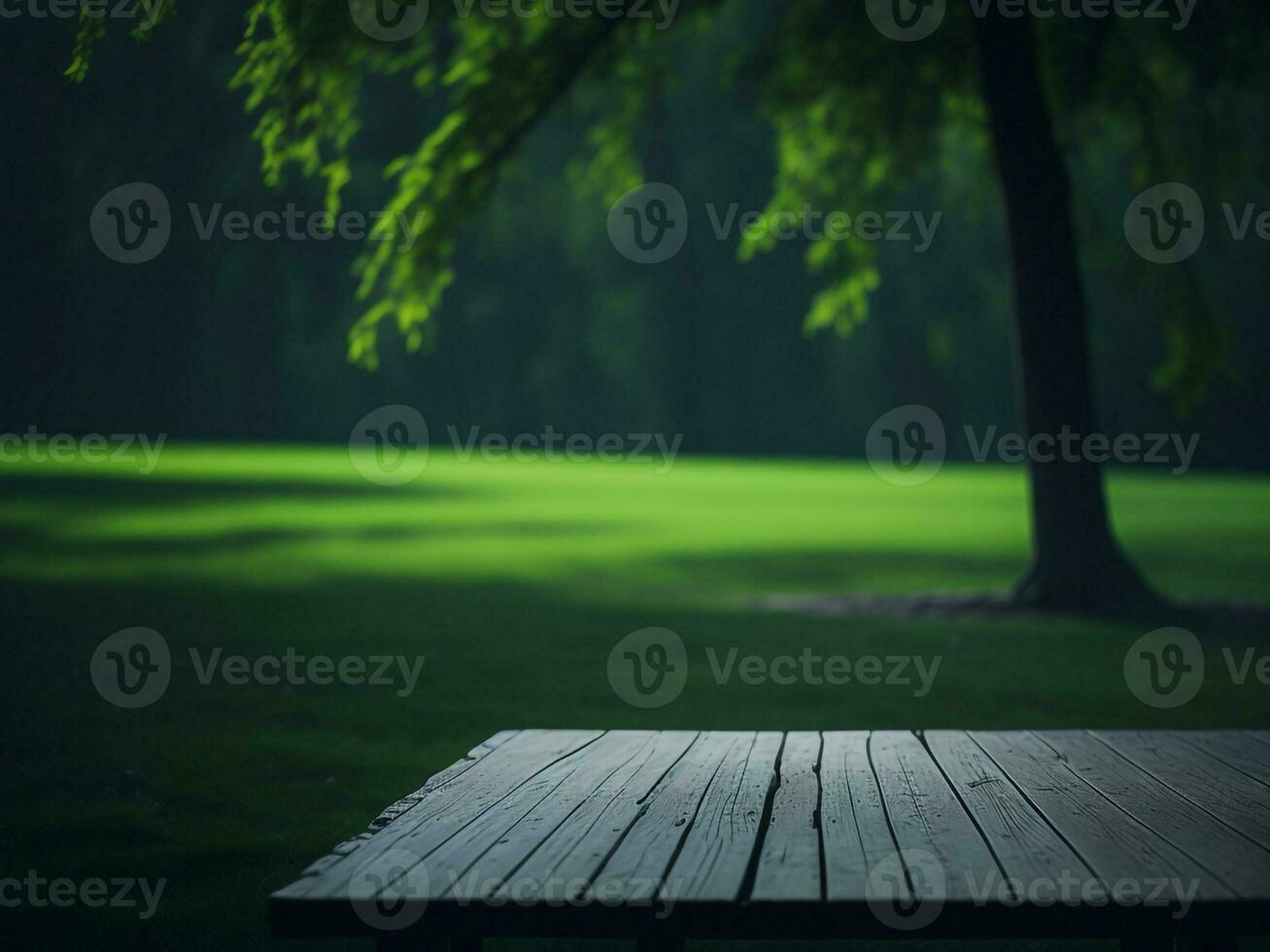Wooden table and blur tropical green grass background, product display montage. High quality photo 8k FHD AI generated