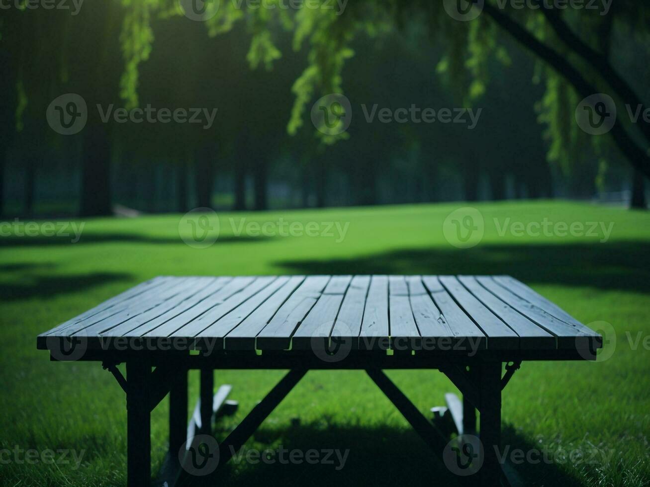 Wooden table and blur tropical green grass background, product display montage. High quality photo 8k FHD AI generated