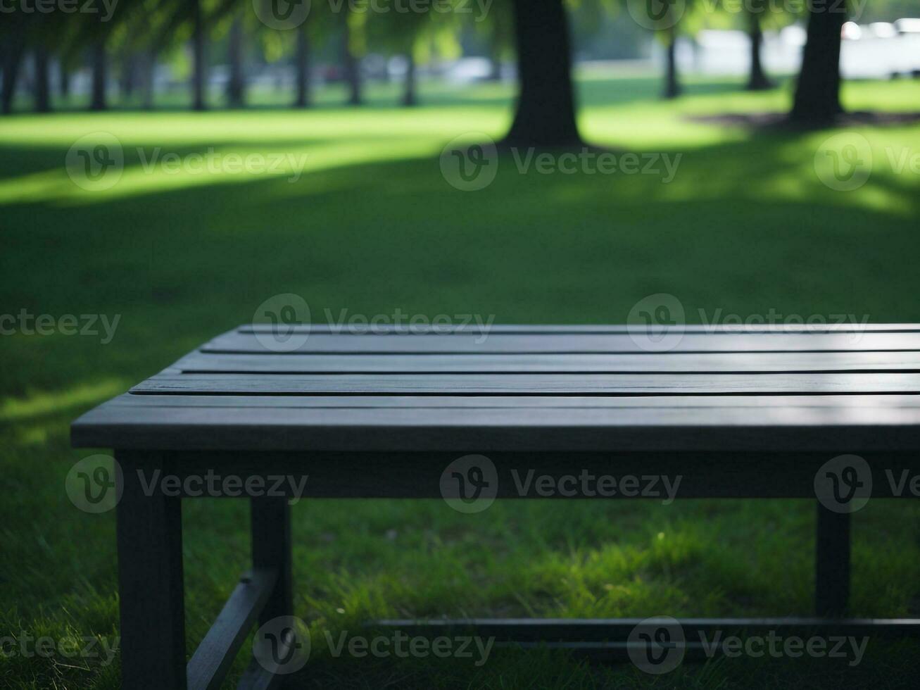 Wooden table and blur tropical green grass background, product display montage. High quality photo 8k FHD AI generated