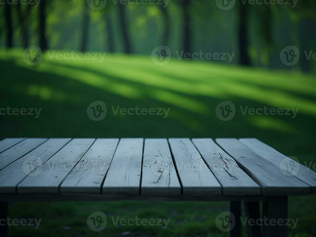 Wooden table and blur tropical green grass background, product display montage. High quality photo 8k FHD AI generated