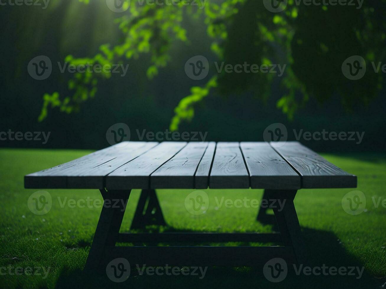 Wooden table and blur tropical green grass background, product display montage. High quality photo 8k FHD AI generated