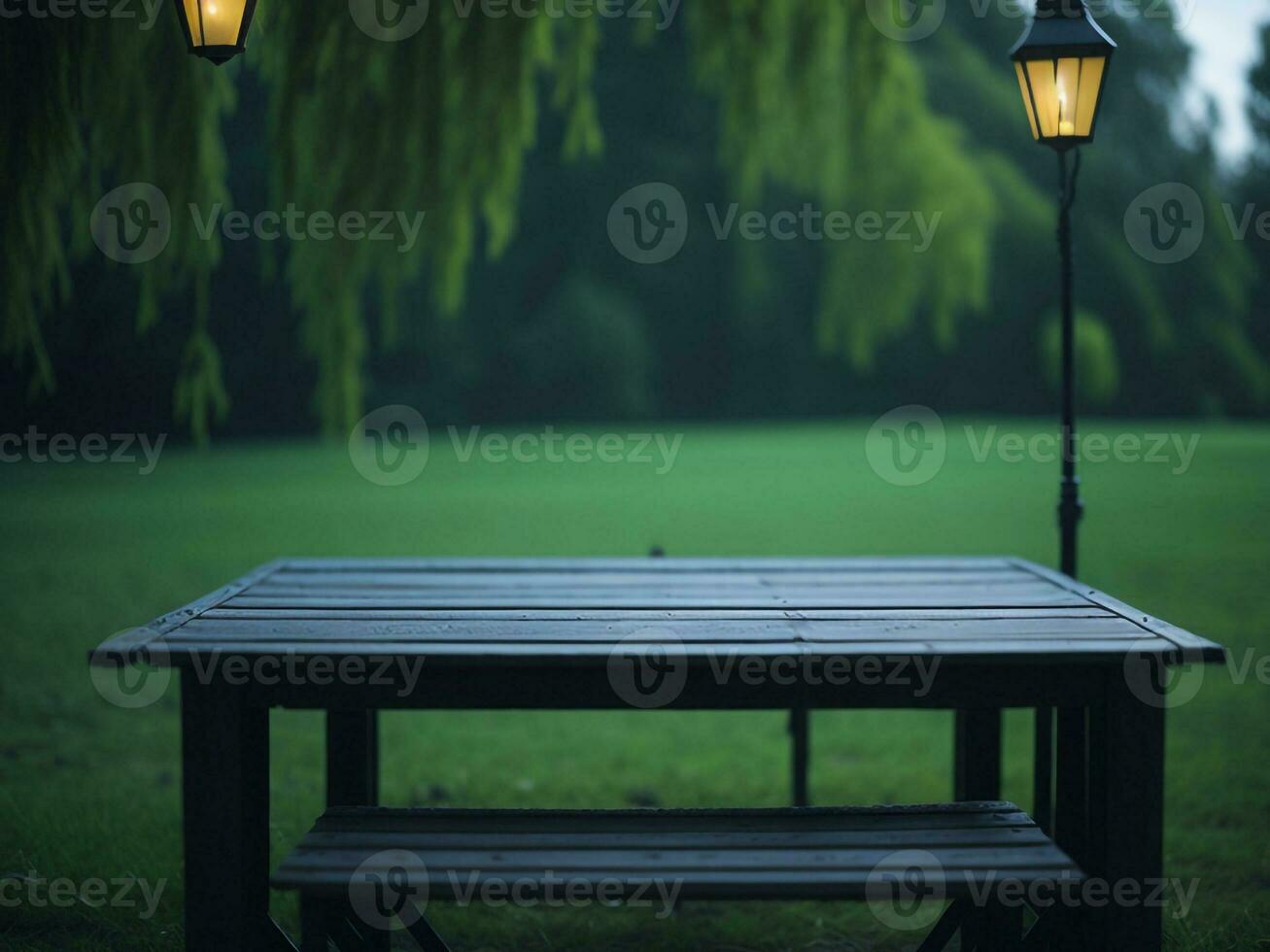 Wooden table and blur tropical green grass background, product display montage. High quality photo 8k FHD AI generated