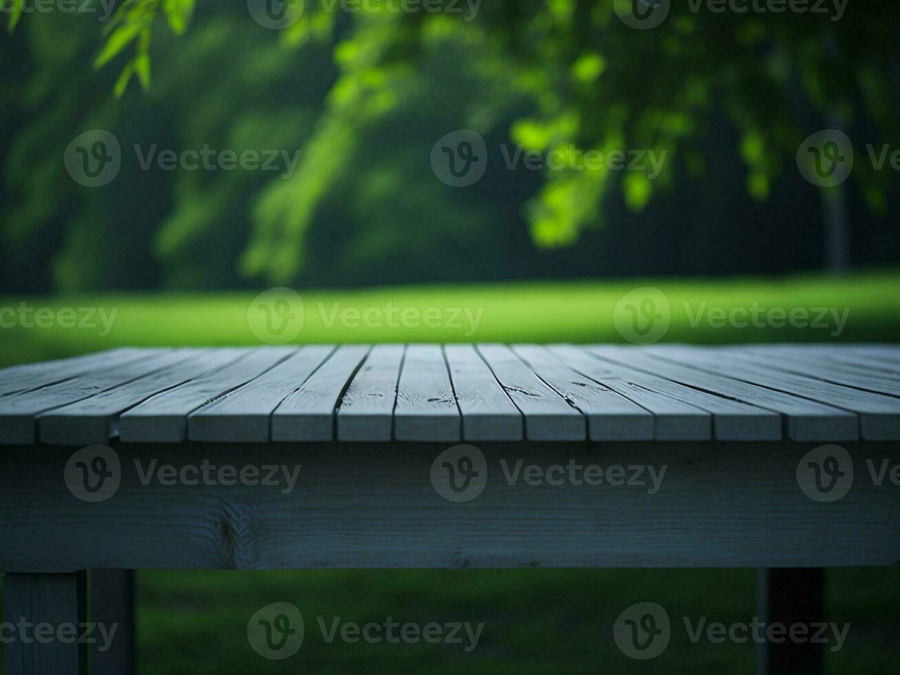 Wooden table and blur tropical green grass background, product display montage. High quality photo 8k FHD AI generated