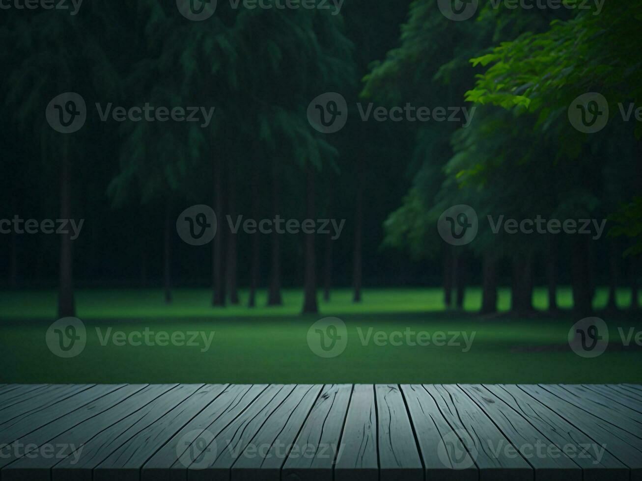 Wooden table and blur tropical green grass background, product display montage. High quality photo 8k FHD AI generated