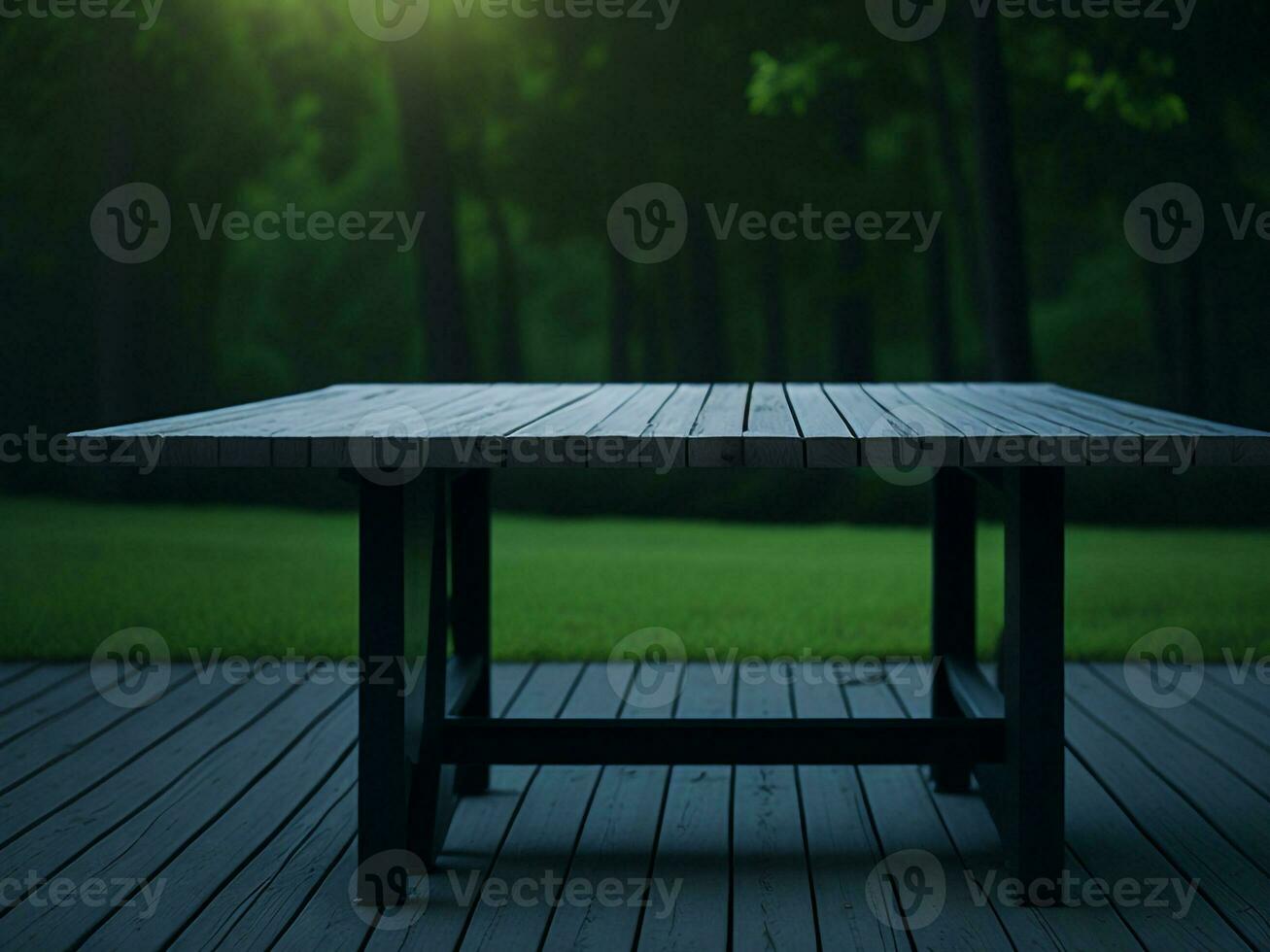 Wooden table and blur tropical green grass background, product display montage. High quality photo 8k FHD AI generated