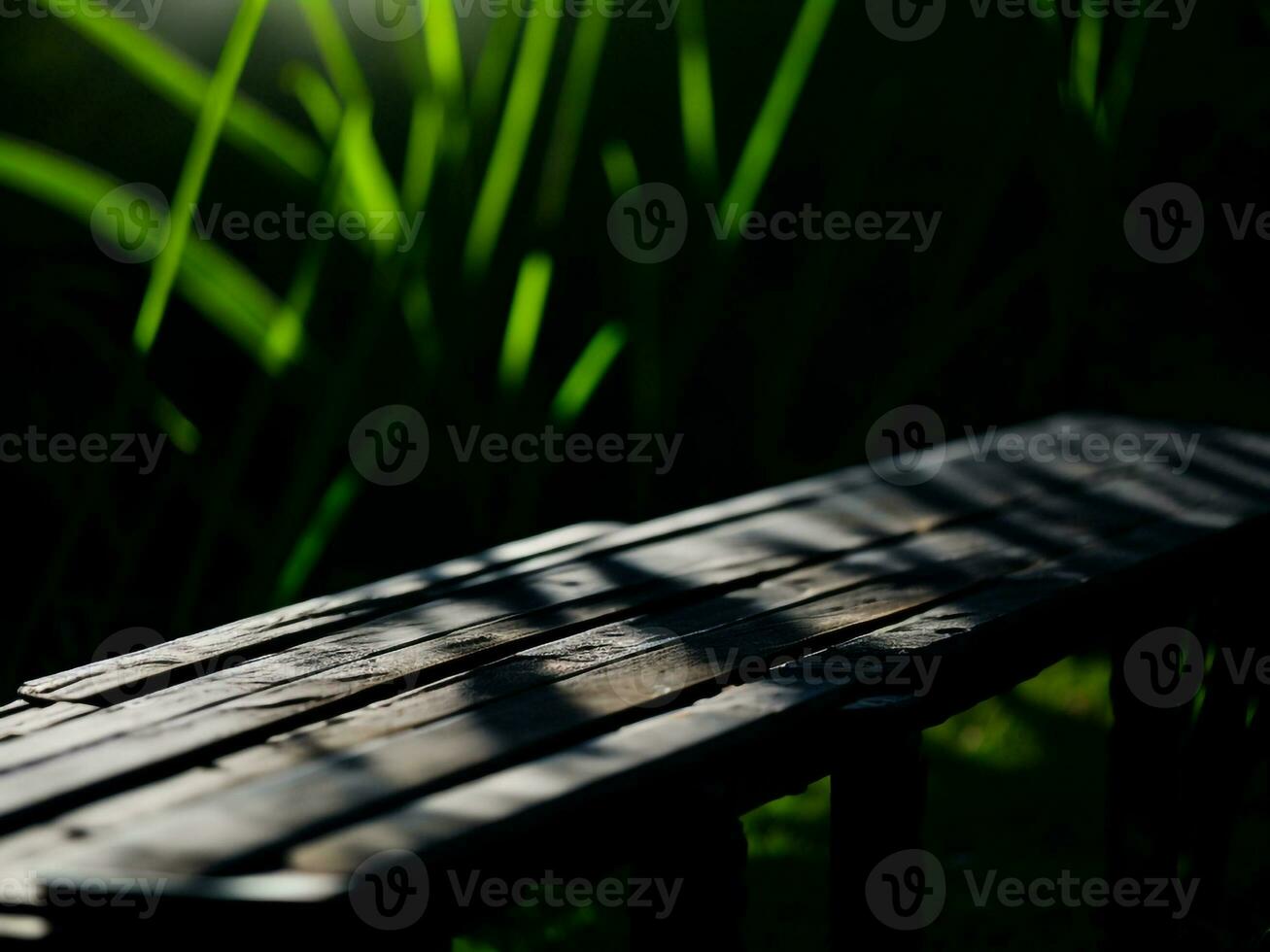 Wooden table and blur tropical green grass background, product display montage. High quality photo 8k FHD AI generated