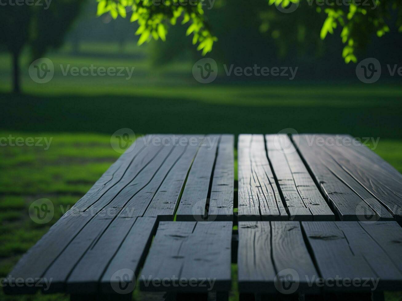 Wooden table and blur tropical green grass background, product display montage. High quality photo 8k FHD AI generated