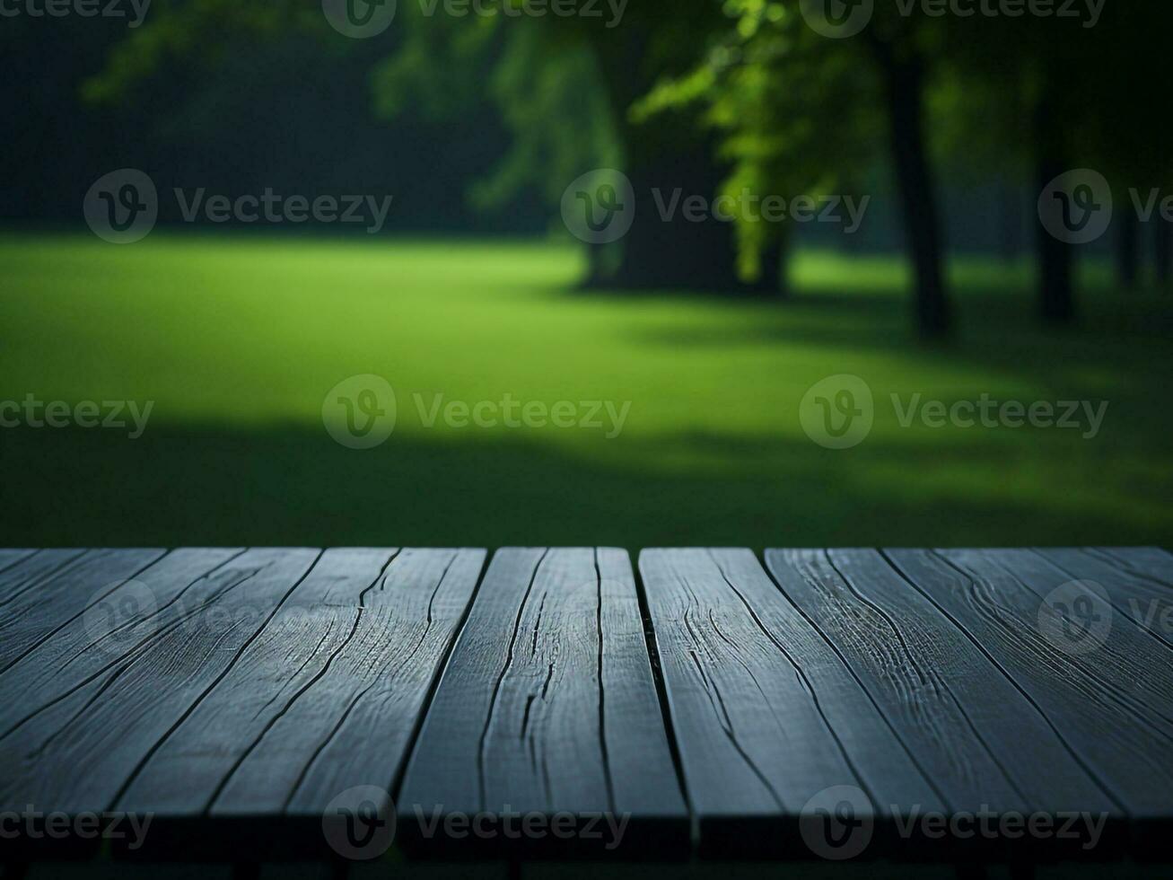 Wooden table and blur tropical green grass background, product display montage. High quality photo 8k FHD AI generated