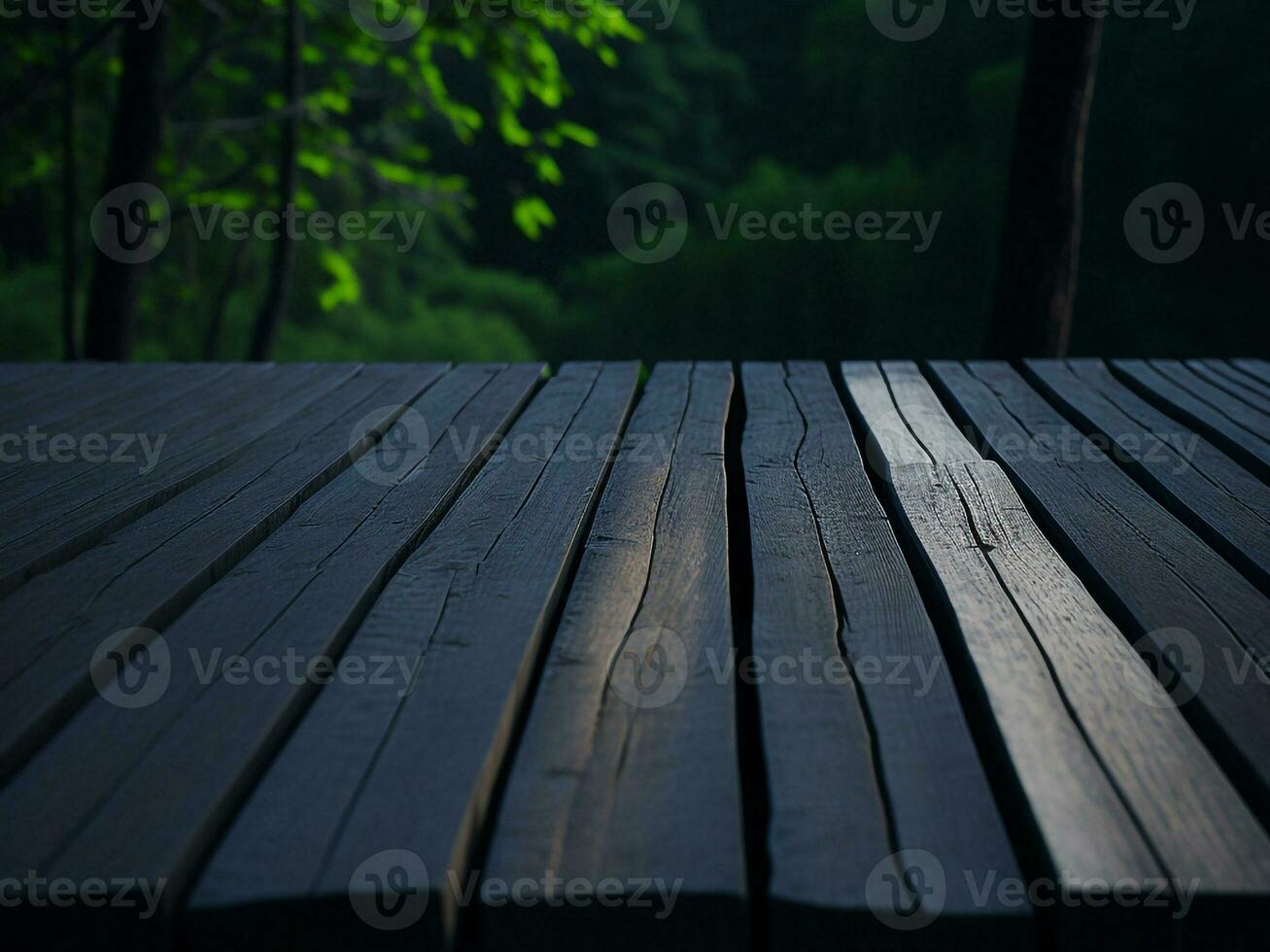 Wooden table and blur tropical green grass background, product display montage. High quality photo 8k FHD AI generated