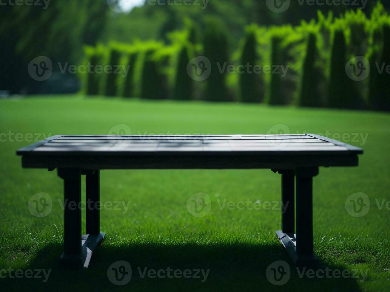 Wooden table and blur tropical green grass background, product display montage. High quality photo 8k FHD AI generated