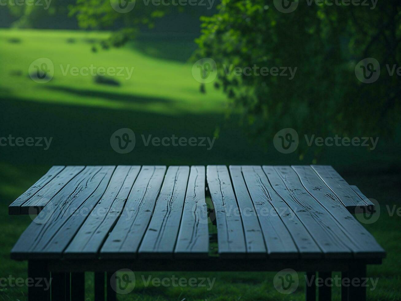 Wooden table and blur tropical green grass background, product display montage. High quality photo 8k FHD AI generated
