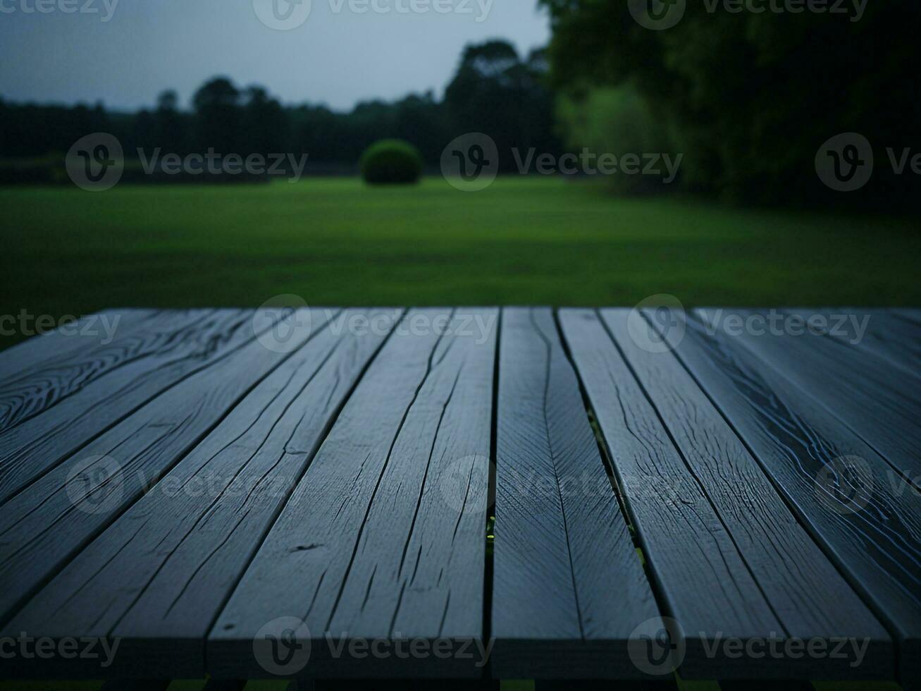 Wooden table and blur tropical green grass background, product display montage. High quality photo 8k FHD AI generated