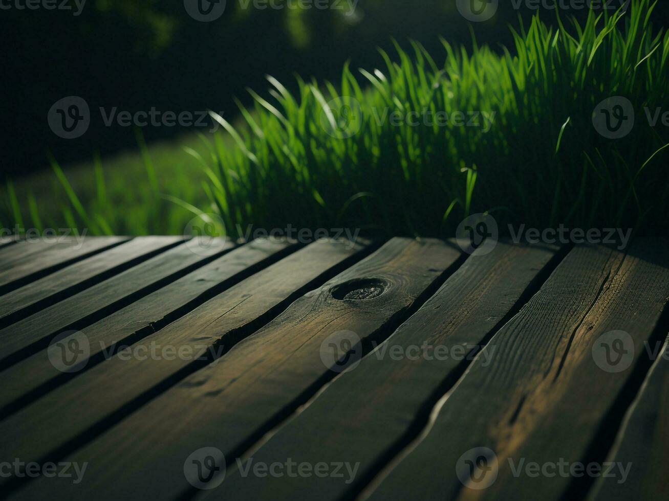 Wooden table and blur tropical green grass background, product display montage. High quality photo 8k FHD AI generated