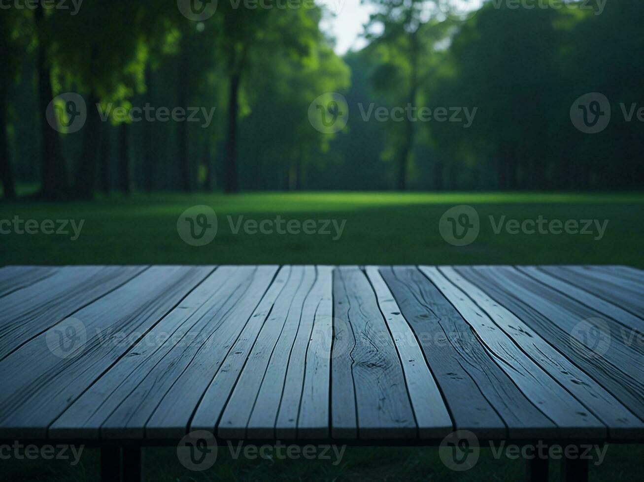 Wooden table and blur tropical green grass background, product display montage. High quality photo 8k FHD AI generated