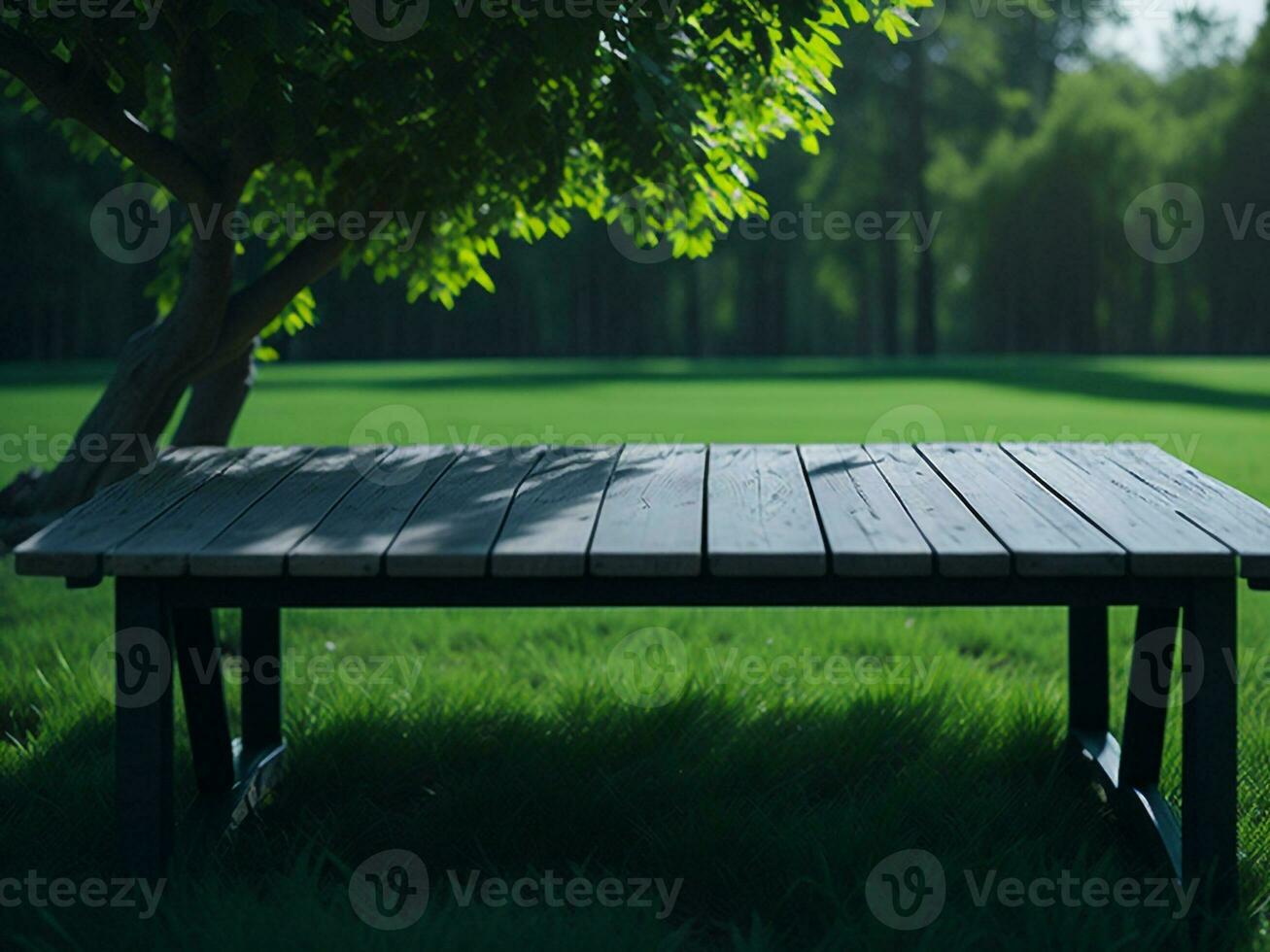 Wooden table and blur tropical green grass background, product display montage. High quality photo 8k FHD AI generated